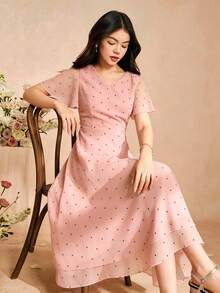 SHEIN Teenager Mädchen Rosa Chiffon elegantes Kleid, Frühling/Sommer Chiffon bedrucktes Polka Dot Kleid mit Rüschensaum, leichtes weiches Material, geeignet für Urlaub, Hochzeitssaison, verschiedene Ballveranstaltungen, formelle Anlässe - Pink - Übersicht 5