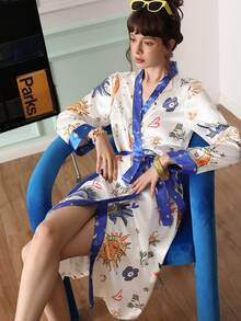 Chillnights Young Colorblock Starry Sky Pattern Satin Robe For Women - Multicolor - View 3