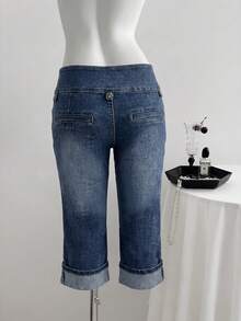 Elamini Quần jean denim nữ kiểu dáng thường ngày, đa năng, phù hợp mặc hàng ngày. - Rửa tối - Xem 2