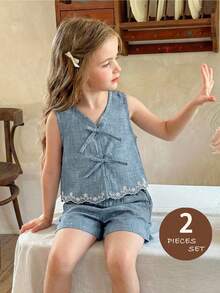 LMoss Kids 2pcs Young Girl Woven Solid Color Casual Vest And Shorts Set - Baby Blue - View 6