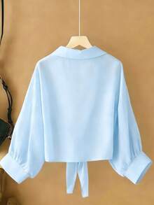 New Women's Casual Solid Color Chiffon Blouse With Short Batwing Sleeves - 藍色3 - 查看 2