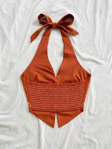 Soleia 花卉刺繡掛脖露背蝴蝶結短版上衣，適合音樂節、夏季上衣 - 橘色 - 查看 2