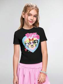 THE POWERPUFF GIRLS X SHEIN 少女圆领卡通字母印花休闲百搭日常穿T恤 - 黑色 - 查看 2