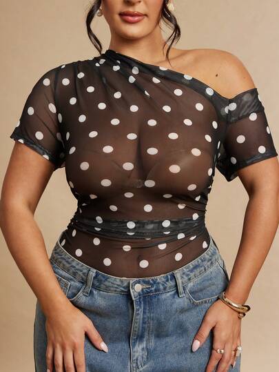 SHEIN BAE Plus Size Women's Black Polka Dot Sheer Bodysuit, Oblique Shoulder Bodysuit