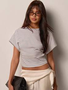 COSMINA Women's Striped Fitted Casual Daily T-Shirt - Brown - View 1