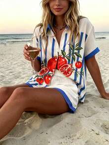 Vaclyn Women's Pomegranate Striped Short Sleeve Shirt And Shorts Casual 2 Pieces Set - Multicolor - View 5