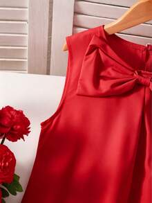 Girls' Elegant Sleeveless Dress With Bowknot Decor And Ruffle Hem, Children's Graceful Red Sleeveless Dress, Suitable For Spring And Summer - Red - View 5