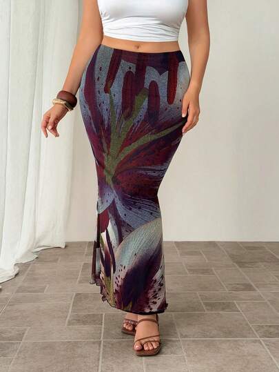 Auralis Plus Size Women Elastic Waist Allover Print Mermaid Hem Skirt