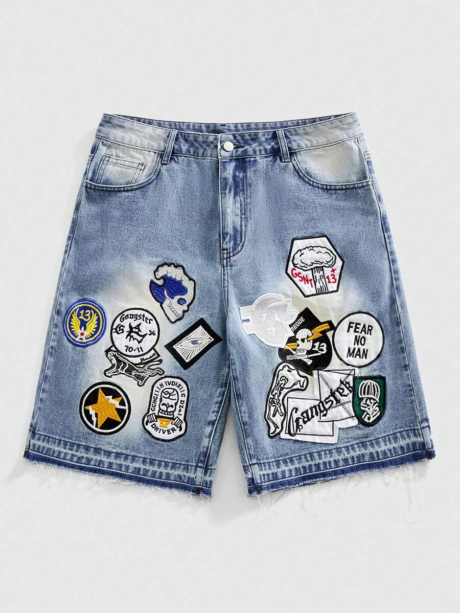 ROMWE MEN Pantalones cortos de mezclilla holgados con patrón bordado para hombre, primavera/verano - Azul - Ver 1