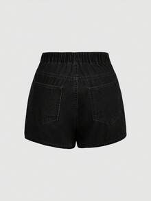 SHEIN Tall CURVE 大尺碼女款休閒鈕扣百搭日常穿著牛仔裙褲 - 黑色 - 查看 2