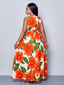 SOLERSUN Women's Plus Size Simple Everyday All Over Print Deep-V Neck Sleeveless Long Dress (Random Printing) - Coral Orange - View 2