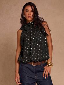 SHEIN Glamour 女士休闲印花系带衬衫，日常百搭 - 黑色 - 查看 5