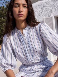 Nöista Striped Two Pieces Set With Ruffle-Front Blouse And Puff Sleeves Matching Balloon Pants Elastic Hems.Perfect For Summer Days, Office Casual, Travel. - Blue - View 2