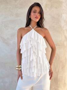 Aloruh Blusa elegante y romántica con cuello de lazo y volantes en capas para vacaciones/citas - Blanco - Ver 3
