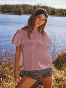 Aralina Women's Solid Color Frill Collar Short Sleeve Casual Shirt - Dusty Pink - View 5