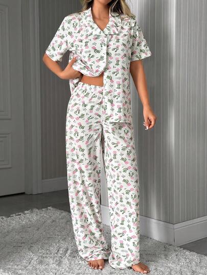 SHEIN Cute Cactus Print Short Sleeve Button-Up Pajama Shirt And Pants Casual Sleepwear Set
