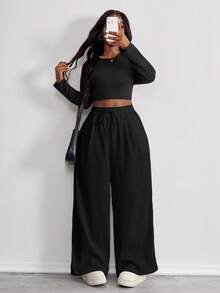 SHEIN PETITE CURVE 女士极简波西米亚风度假休闲基础款日常穿搭亚麻舒适低腰宽松裤 - 黑色 - 查看 4