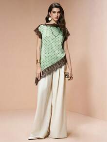 Arave Mint Green Polka Dot Lace Patchwork Satin Blouse,Elegant Summer Asymmetric Hem Spaghetti Straps Top,Vintage Business Casual Office Date - Mint Green - View 4