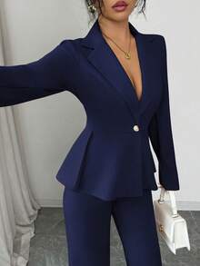 SHEIN Elenzya 女士长袖荷叶边西装外套和直筒裤优雅浪漫商务套装 - 藏蓝色 - 查看 7