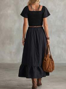 LanaWest Women Black Summer Boho Holiday Vacation Holiday Textured Linen Blend Square Neck Ruffle Sleeve Button Top & Asymmetric Ruffle Hem Skirt 2-Piece Set - Black - View 2