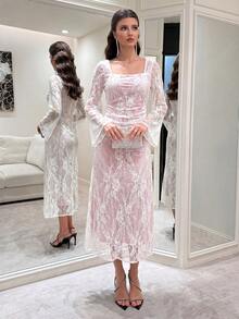 Modelyn Vestido elegante de manga larga, ajustado y de longitud media con cuello cuadrado francés, encaje y adornos de strass para mujeres - Blanco - Ver 4