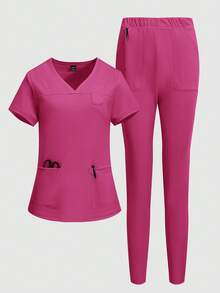 TaskEZ Solid Color Minimalist V-Neck Double Pocket T-Shirt And Casual Pants Uniform Set - Hot Pink - View 8