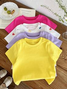 SHEIN 4pcs Young Girl Dopamine Colorful Pullover Set, Soft & Comfortable Ribbed Fabric, Cute Heart Print, Suitable For Spring & Summer - Multicolor - View 3