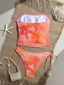 Bộ đồ bơi không dây họa tiết hoa ly Swim Vcay dành cho kỳ nghỉ, gợi cảm, bơi lội, tiệc bãi biển, bikini nhuộm nắng, chi tiết dây thừng, vẻ đẹp thanh lịch như nữ thần. - Màu Cam san hô - Xem 2
