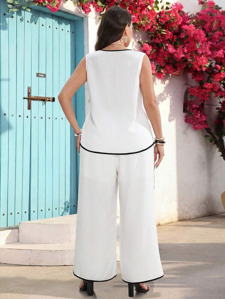 Plus Size Women Summer Casual Vacation White Contrast Trim Camisole And Wide Leg Pants 2 Pieces Set With Pockets