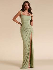SHEIN BAE Sage Green Women's Ruched Bandeau Fitted High Slit Dress, Tight Elegant Flowing Suitable For Vacation, Beach, Bridesmaid, Wedding, Spring/Summer - Green - View 5