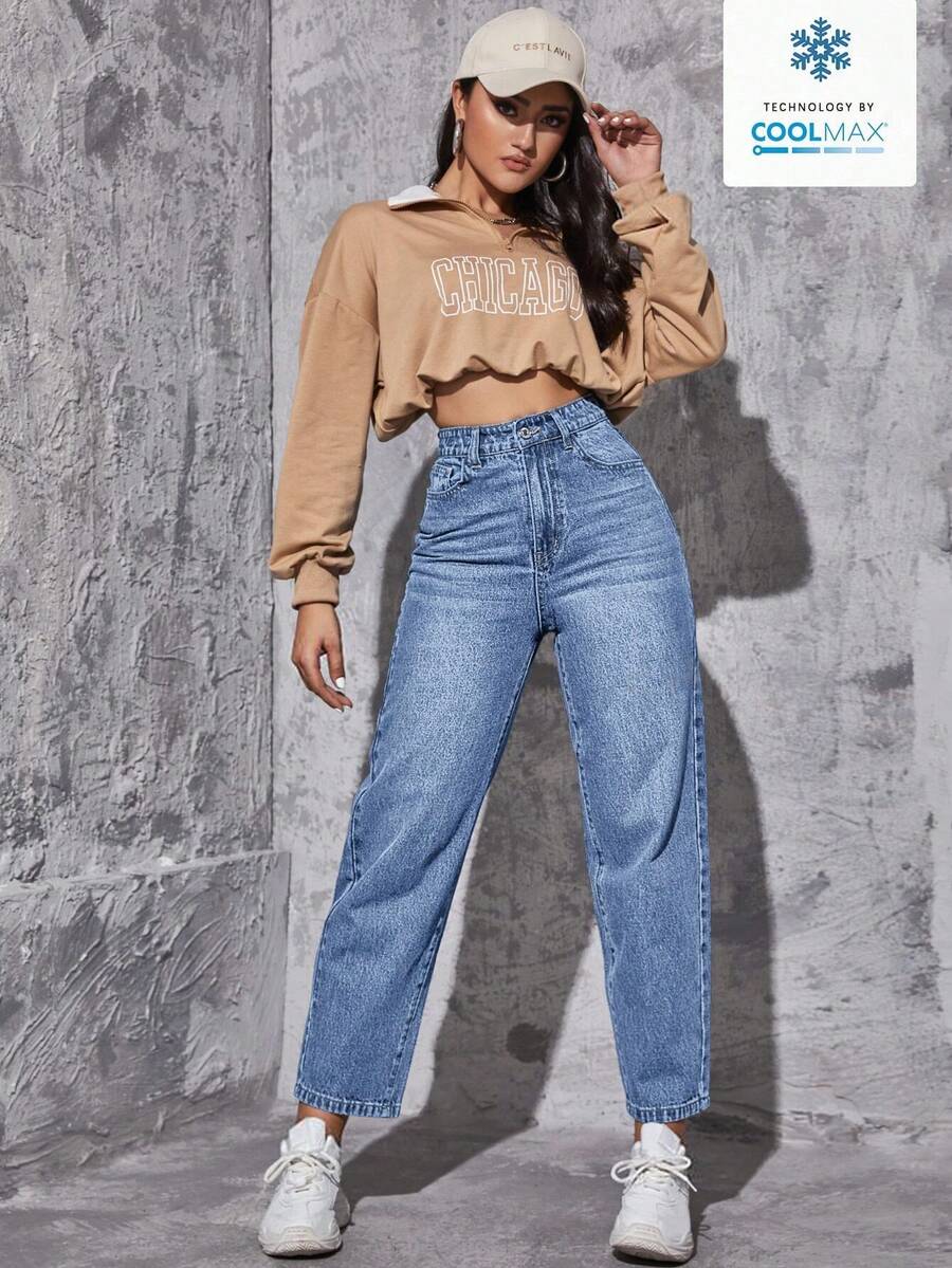 SHEIN EZwear 女士休闲日常通勤极简高腰水洗修身牛仔裤 - 淺色水洗藍 - 查看 1