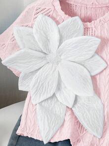 SHEIN 少女休閒優雅水鑽裝飾3D花朵飾圓領插肩袖紋理針織寬鬆T恤 - 淺粉色 - 查看 4
