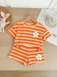 SHEIN LMoss Kids 2件套女婴针织条纹圆领T恤和短裤套装 - 橘色 - 查看 3