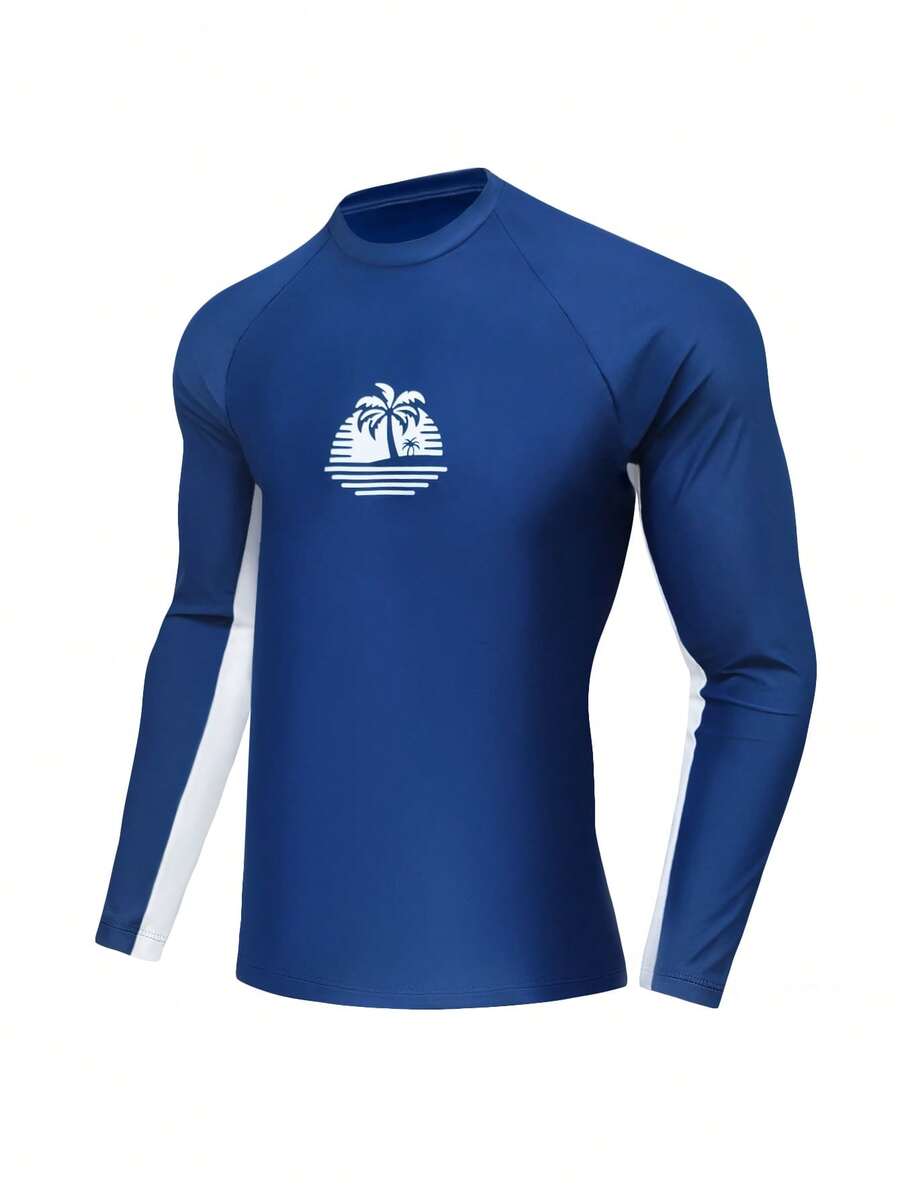 Manfinity KASUA Men's Coconut Tree Print Long Sleeve Rash Guard, Suitable For Summer Vacation And Beach - Multicolor - View 1
