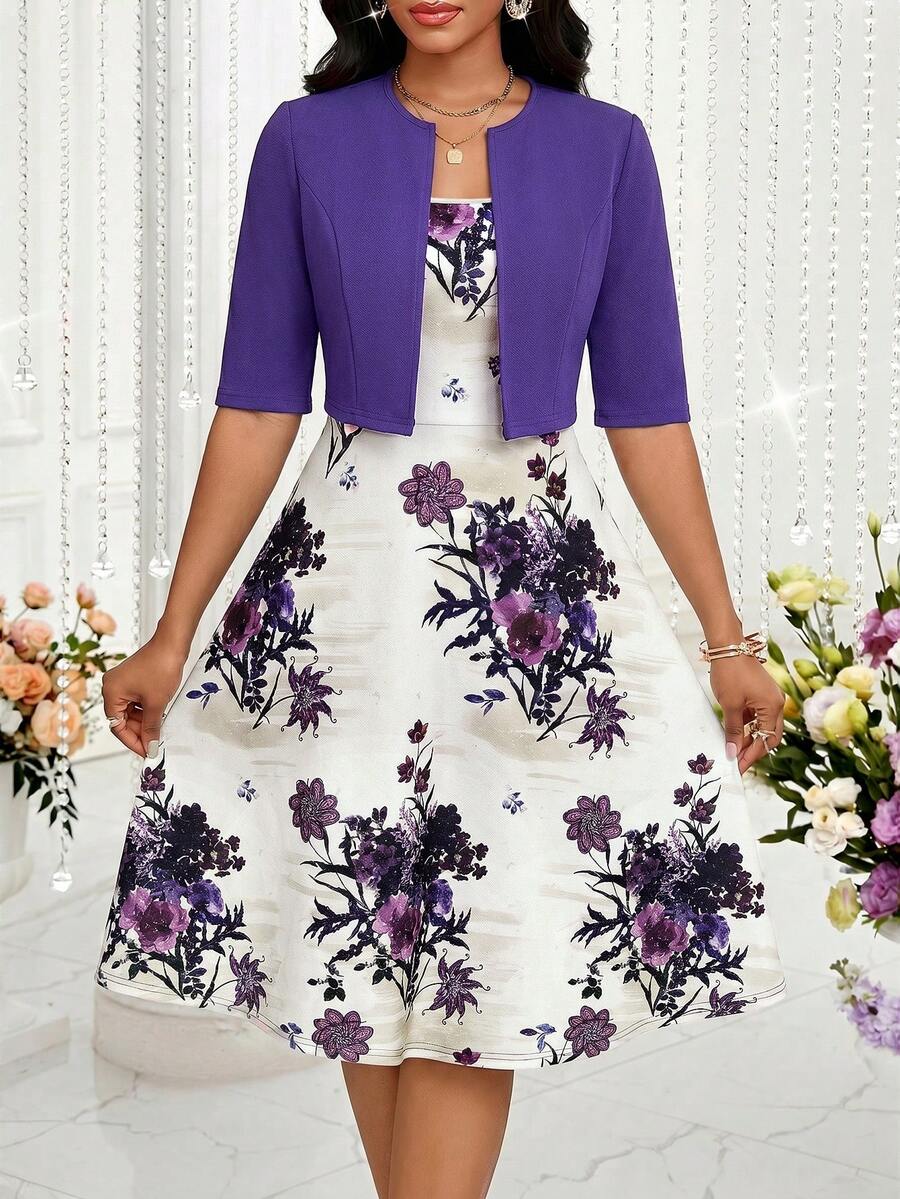SHEIN Lady 女士优雅印花吊带连衣裙和纯色外套两件套,夏季 - 彩色 - 查看 1