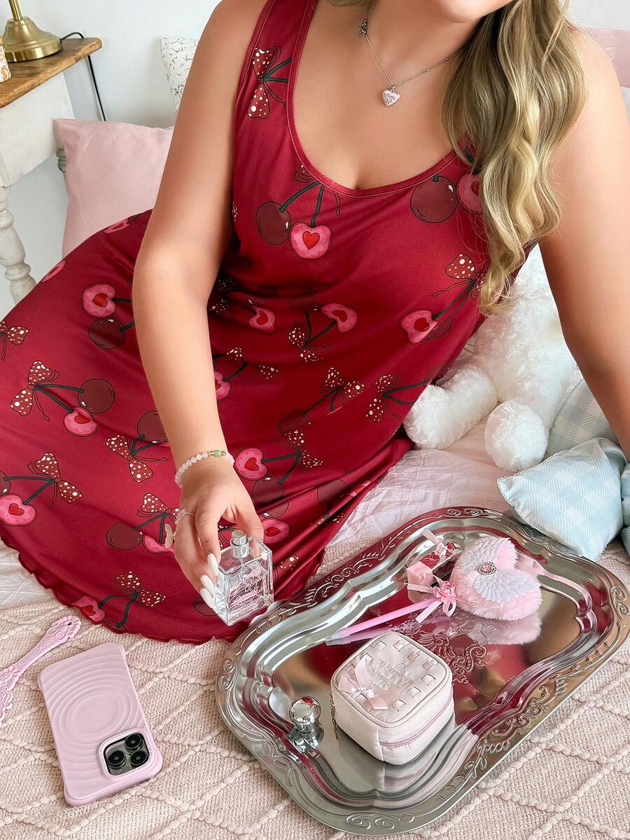 Slumberry CURVE Cute Sweet Cherry Bow Print Loose Fit Plus Size Nightgown Night Burgundy Summer - Burgundy - View 1