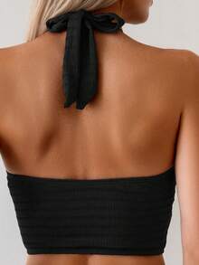Swim Basics Women's Two Pieces Textured Solid Color Casual Bikini Set - Black - View 4