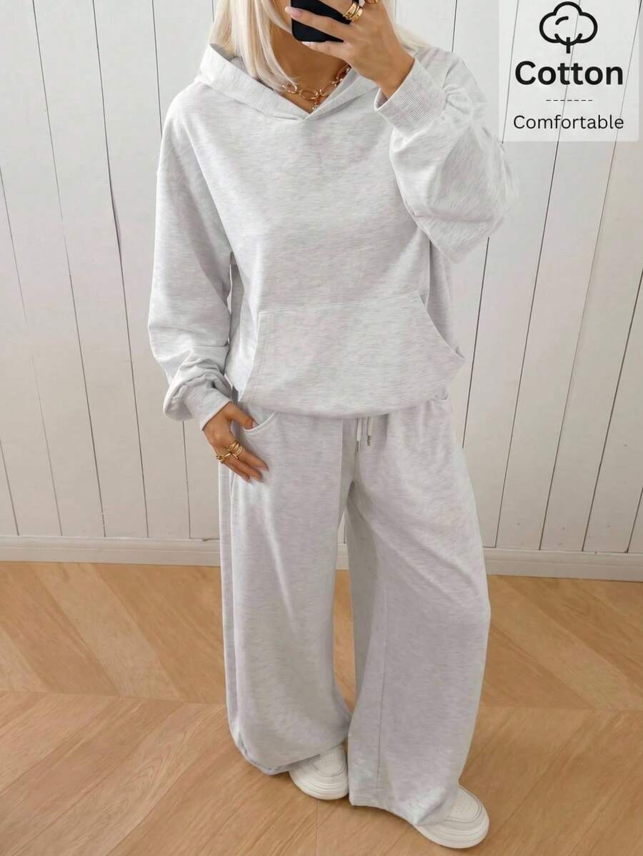 SHEIN EZwear Bộ đồ thể thao nữ mùa thu/đông gồm áo hoodie lót giữ nhiệt và quần nỉ dáng rộng thoải mái. - Xám - Xem 1