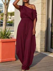 INAWLY Solva Plus Size Summer Solid Color Loose Asymmetrical Shoulder Harem Jumpsuit - Burgundy - View 3