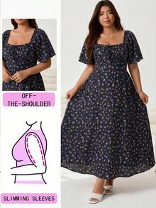 Solflare Plus Size Women's Floral Print Tie-Front Dress, Vacation Style - Navy Blue - View 1