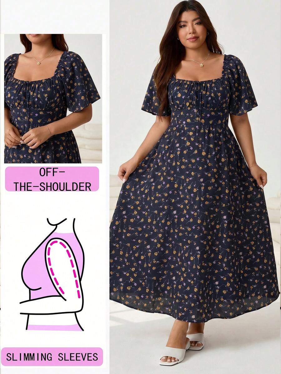 Solflare Plus Size Women's Floral Print Tie-Front Dress, Vacation Style - Navy Blue - View 1