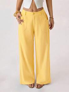 SHEIN PETITE 100% Washed Cotton Low Waist Straight Pants - Pale Yellow - View 4