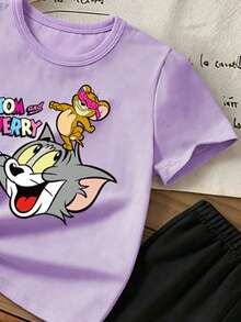 TOM & JERRY X SHEIN GraphicGems 少女休闲卡通字母印花短袖T恤和喇叭裤套装，适合春、夏、秋季穿着。 - 紫色 - 查看 5
