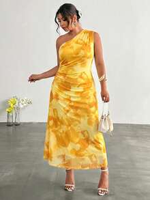 Firerie 女款黃色夏季熱帶風婚禮賓客度假優雅辦公室網紗圓領腰部打褶A字長洋裝，正式復古派對度假風 - 彩色 - 查看 7