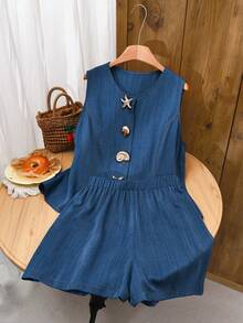 Elaquor Conjunto de 2 piezas de chaleco y pantalones cortos de talla grande de verano con decoración de metal - Azul - Ver 1