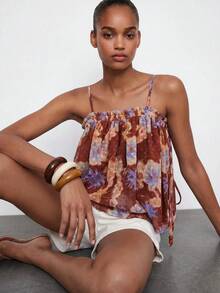 Maija Women's Summer Boho Floral Chiffon Pleated Babydoll Cami Top, Elegant Casual Vacation Holidays, Beach Festival Party Country Style Top - Multicolor - View 2