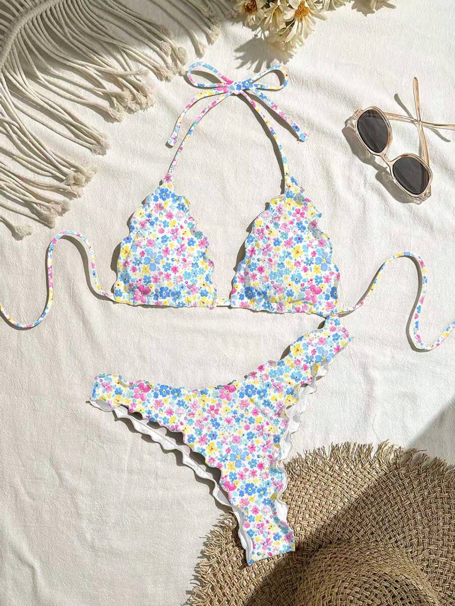 Swim Mod Bộ bikini nữ màu trơn, chất liệu co giãn cao, có viền xếp ly, thích hợp cho kỳ nghỉ. - Màu xanh lam - Xem 1