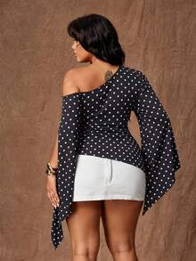 Rustia Plus Size Women's Fashionable Polka Dot Print Asymmetrical Neck Open Sleeve Ruched Fitted Top, Spring/Summer Fall - Black - View 2