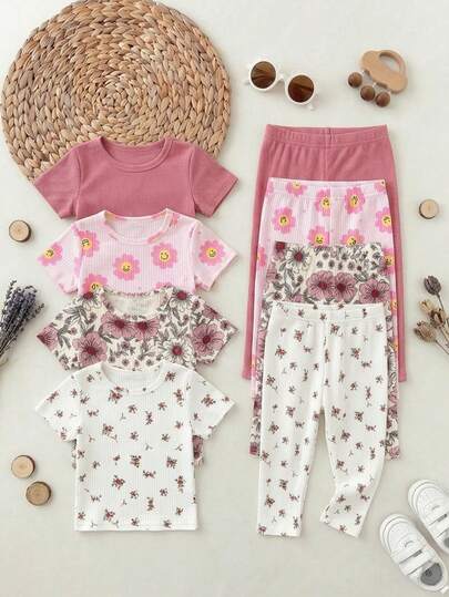 SHEIN 4pcs/Set Casual All-Match Retro Pastoral Style Soft & Breathable Floral, Botanical, Pink, Apricot Solid Color Leggings Pants, High Cost-Effective, Suitable For Spring/Summer Wear At Home Or Outdoor Play