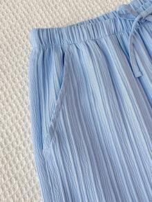 SHEIN 青少年女孩休閒日常百搭舒適直筒條紋長褲 - 藍色 - 查看 4